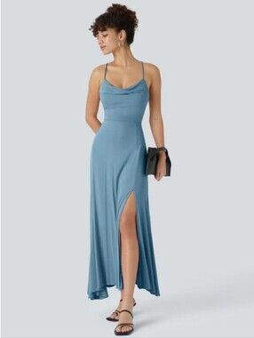 Halara Cowl Neck Strappy Lace Up Midi Dress Size Medium Color Rainy Sky Blue NWT